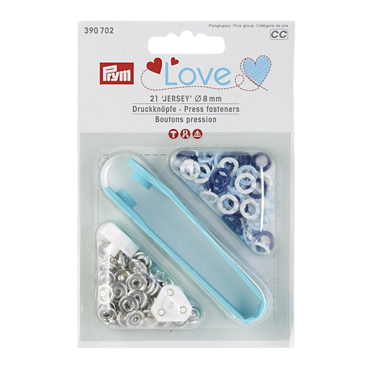 Verpackung von Prym PL Druckknopf Jersey Color MS 8 mm blau/weiß/hellblau