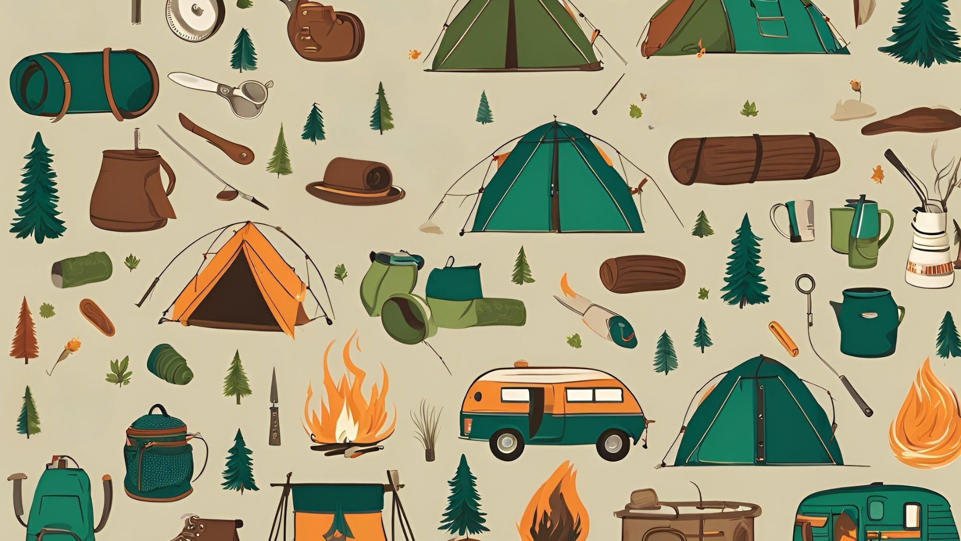 Sammlung von Camping Utensilien und Bäumen